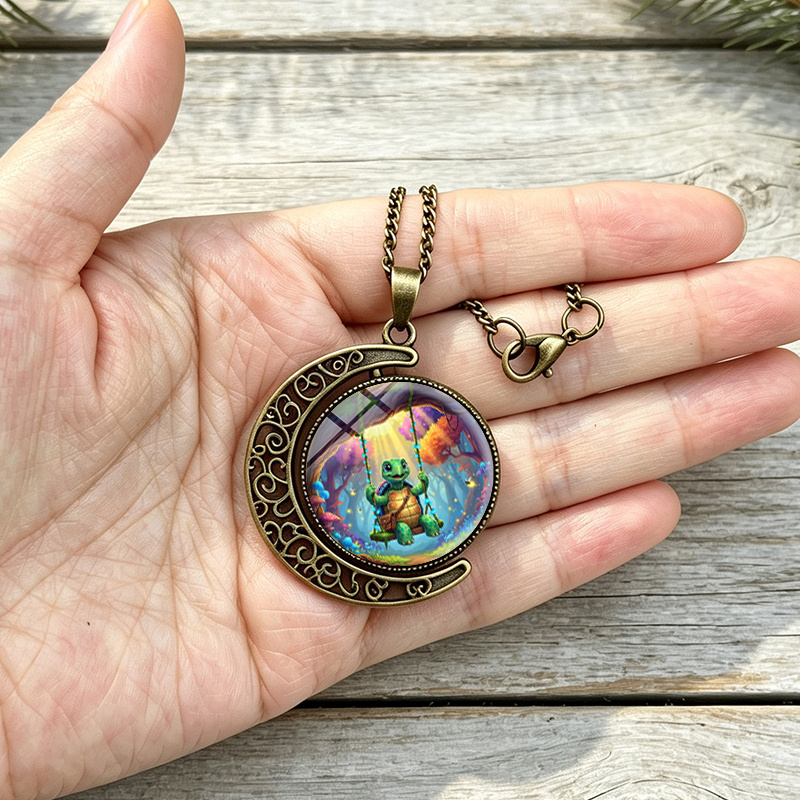 3pc Magical Forest Turtle Vintage Earrings & Crescent Moon Necklace Set